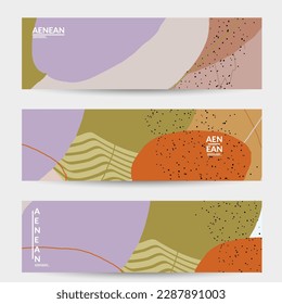 Abstract vector banner design with wavy motley shapes in natural colors. Hand textured with stripes and scribbles. Modern contemporary art. Web header template for sale promotion event.