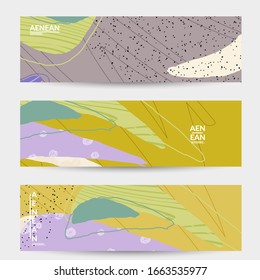Abstract vector banner. Exotic striped overlapping wavy shapes and lines. Hipster contemporary design. Natural motley artwork. Hand drawn textured background for social media fashion post.