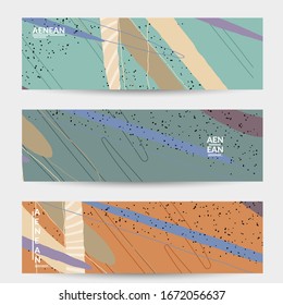Abstract vector banner. Exotic striped overlapping wavy shapes and lines. Hipster contemporary design. Natural motley artwork. Hand drawn textured background for social media fashion post.
