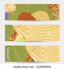 Abstract vector banner. Exotic striped overlapping wavy shapes and lines. Hipster contemporary design. Natural motley artwork. Hand drawn textured background for social media fashion post.