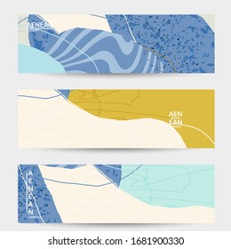 Abstract vector banner. Exotic striped overlapping wavy shapes and lines. Hipster contemporary design. Natural motley artwork. Hand drawn textured background for social media fashion post.