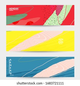Abstrakter Vektorillustration-Banner. Exotische gestreifte, überlappende Formen und Linien. Hipster zeitgenössisches Design. Natürliche Motlekunst. Handgezeichnet strukturierter Hintergrund für Social Media-Modepost.