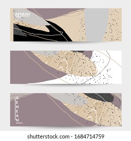 Abstract vector banner. Exotic striped overlapping wavy shapes and lines. Hipster contemporary design. Natural motley artwork. Hand drawn textured background for social media fashion post.