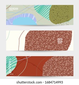 Abstract vector banner. Exotic striped overlapping wavy shapes and lines. Hipster contemporary design. Natural motley artwork. Hand drawn textured background for social media fashion post.