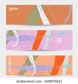 Abstract vector banner. Exotic striped overlapping wavy shapes and lines. Hipster contemporary design. Natural motley artwork. Hand drawn textured background for social media fashion post.