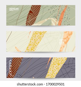 Abstract vector banner. Exotic striped overlapping wavy shapes and lines. Hipster contemporary design. Natural motley artwork. Hand drawn textured background for social media fashion post.
