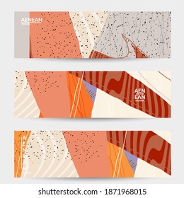 Abstract vector banner. Exotic striped overlapping wavy shapes and lines. Hipster contemporary design. Natural motley artwork. Hand drawn textured background for social media fashion post.