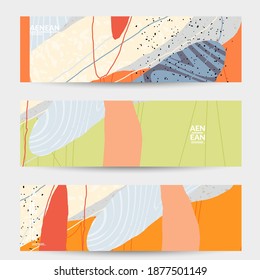 Abstract vector banner. Exotic striped overlapping wavy shapes and lines. Hipster contemporary design. Natural motley artwork. Hand drawn textured background for social media fashion post.