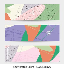 Abstract vector banner. Exotic striped overlapping wavy shapes and lines. Hipster contemporary design. Natural motley artwork. Hand drawn textured background for social media fashion post.