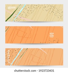 Abstract vector banner. Exotic striped overlapping wavy shapes and lines. Hipster contemporary design. Natural motley artwork. Hand drawn textured background for social media fashion post.