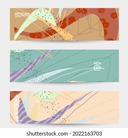 Abstract vector banner. Exotic striped overlapping wavy shapes and lines. Hipster contemporary design. Natural motley artwork. Hand drawn textured background for social media fashion post.