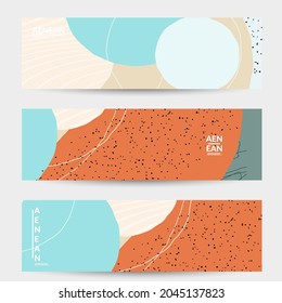 Abstract vector banner. Exotic striped overlapping wavy shapes and lines. Hipster contemporary design. Natural motley artwork. Hand drawn textured background for social media fashion post.