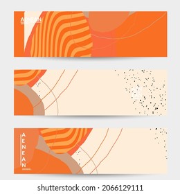 Abstract vector banner. Exotic striped overlapping wavy shapes and lines. Hipster contemporary design. Natural motley artwork. Hand drawn textured background for social media fashion post.