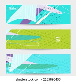 Abstract vector banner. Exotic striped overlapping wavy shapes and lines. Hipster contemporary design. Natural motley artwork. Hand drawn textured background for social media fashion post.