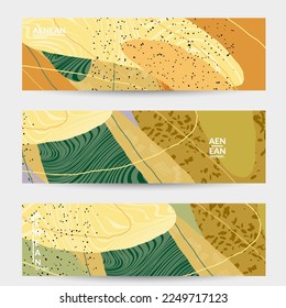 Abstract vector banner. Exotic striped overlapping wavy shapes and lines. Hipster contemporary design. Natural motley artwork. Hand drawn textured background for social media fashion post.