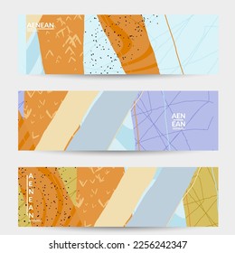 Abstrakter Vektorbanner. Exotische gestreifte, überlappende Formen und Linien. Hipster zeitgenössisches Design. Natürliche Motlekunst. Handgezeichnet strukturierter Hintergrund für Social Media-Modepost.
