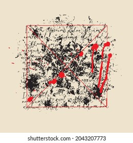 Abstrakter Vektorbanner mit handgeschriebenem Text lorem ipsum und schwarzen und roten Flecken auf altem Papierhintergrund im Retro-Stil. Kreative Illustration mit Farbflecken und Blutflecken