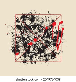 Abstract vector banner with handwritten text lorem ipsum and black and red spots on an old paper background in retro style. Creative illustration with paint blots and blood stains