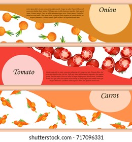 Abstract vector banner or label for whole and slice ripe vegetable round onion, tomatoes and carrot. Seamless Onion pattern on label vegetables ripe sweet food. Organic collection