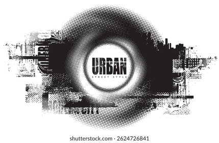 Abstract vector banner on the theme of urbanism, street art, digital technology and photo studios against the background of the architecture of a city, pixels. T-shirt design, poster. No AI used
