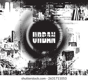 Abstract vector banner on the theme of urbanism, street art, digital technology and photo studios against the background of the architecture of a city, pixels. T-shirt design, poster. No AI used