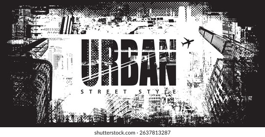 Abstract vector banner on the theme of urbanism and  street art  against the background of the architecture of a city, newspaper clippings and flying plane.T-shirt design, poster. No AI used