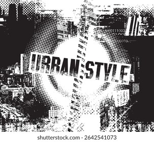 Abstract vector banner on the theme of urbanism, street art, digital technology and photo studios against the background of the architecture of a city, pixels.T-shirt design, poster. No AI used