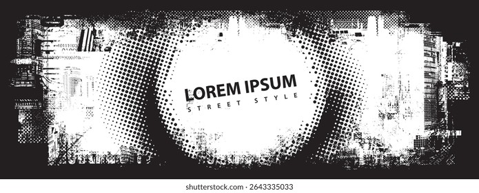 Abstract vector banner on the theme of urbanism, street art, digital technology and photo studios against the background of the architecture of a city, pixels. T-shirt design, poster. No AI used