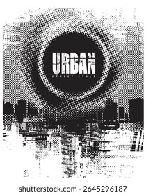 Banner vetorial abstrato sobre o tema do urbanismo, arte de rua, tecnologia digital e estúdios de fotografia contra o fundo da arquitetura de uma cidade, pixels. Design de camiseta, cartaz. Nenhuma IA usada
