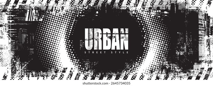 Abstract vector banner on the theme of urbanism, street art, digital technology and photo studios against the background of the architecture of a city, pixels.T-shirt design, poster. No AI used