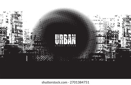 Abstract vector banner on the theme of urbanism, street art, digital technology and photo studios against the background of the architecture of a city, pixels.T-shirt design, poster, logo. No AI used 