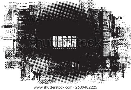Abstract vector banner on the theme of urbanism, street art, digital technology and photo studios against the background of the architecture of a city, pixels.T-shirt design, poster. No AI used