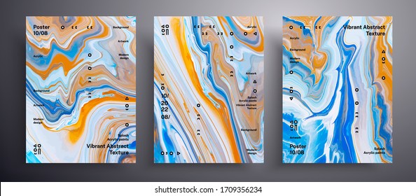 Abstract vector banner, pack of modern design fluid art covers. Artistic background that applicable for design cover, poster, brochure and etc. Blue, white and golden unusual surface template