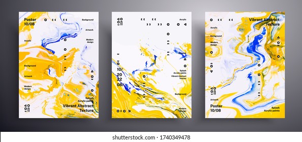 Abstract vector banner, pack of modern design fluid art covers. Trendy background that can be used for design cover, invitation, flyer and etc. Yellow, blue and white creative iridescent artwork