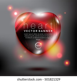 Abstract vector banner. Pebble stone in shape of heart. Red and glossy with realistic light and shadow on the black panel. Vector illustration. Eps10.