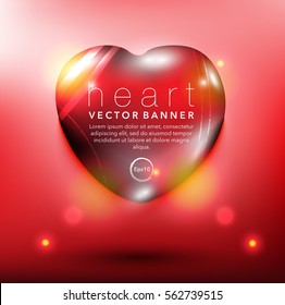 Abstract vector banner. Pebble stone in shape of heart. Red and glossy with realistic light and shadow on the red panel. Vector illustration. Eps10.