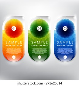 Abstract vector banner set of 3. Isolated with realistic, transparent glass shine and shadow on the light background. Each item contains space for own text. Vector illustration. Eps10.