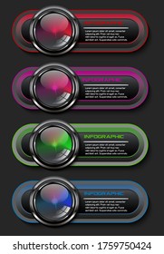 Infografía colorida de cuatro pasos, botón brillante de banner