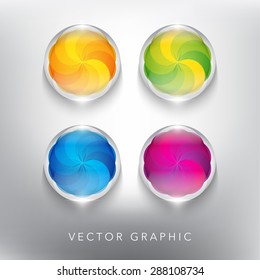 Abstract vector banner set of 4. Glass marbles with yellow, green, blue and violet circular ornament on the white background. Each item contains space for own text. Vector illustration. Eps10.