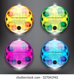 Abstract vector banner set of 4. Glass marbles with yellow, green, blue and violet floral ornament on the black background. Each item contains space for own text. Vector illustration. Eps10.