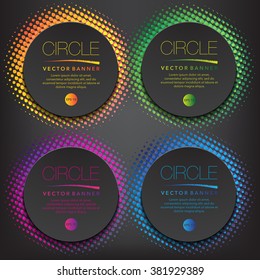 Abstract vector banner set of 4. Black paper circles on the halftone design background. Isolated on the black panel. Vector illustration. Eps10.