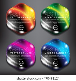Abstract vector banner set of 4. Hexagonal pebble stones, colorful and glossy on the black panel. Vector illustration. Eps10.