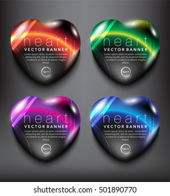 Abstract vector banner set of 4. Pebble stones in shape of heart. Colorful with realistic light and shadow on the black panel. Vector illustration. Each item contains space for own text. Eps10.