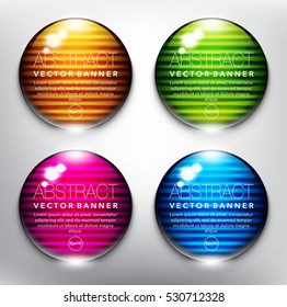 Abstract vector banner set of 4. Glass marbles with yellow, green, blue and violet design on the white background. Each item contains space for own text. Vector illustration. Eps10.