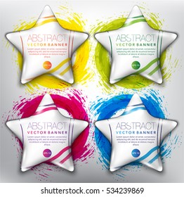Abstract vector banner set of 4. Pebble stones in shape of stars on the hand-drawn watercolor design. Colorful on the white panel. Each item contains space for own text. Vector illustration. Eps10.