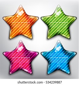 Abstract vector banner set of 4. Glass stones in shape of stars with yellow, green, blue and violet design on the white background. Each item contains space for own text. Vector illustration. Eps10.