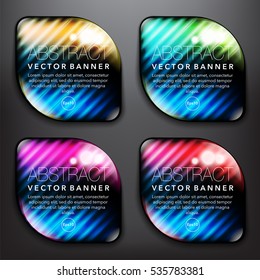 Abstract vector banner set of 4. Round glass stones with yellow, green, blue and violet design on the dark background. Each item contains space for own text. Vector illustration. Eps10.