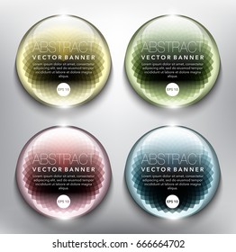 Abstract vector banner set of 4. Glass marbles with yellow, green, blue and pink floral ornament on the white background. Each item contains space for own text. Vector illustration. Eps10.
