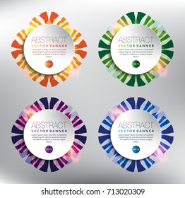 Abstract vector banner set of 4. Paper circles with floral design. Colorful and isolated on the light panel. Each item contains space for own text. Vector illustration. Eps10.