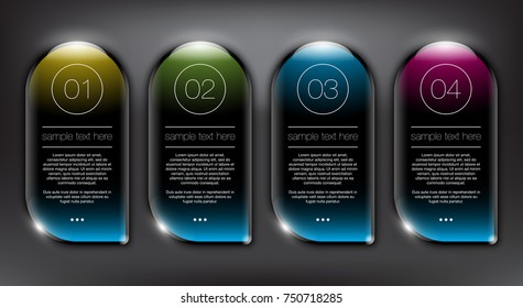 Abstract vector banner set of 4. Round glass banners. 4 parts concept info graphics. Isolated with realistic shine and shadow on the dark background.Vector illustration. Eps10.